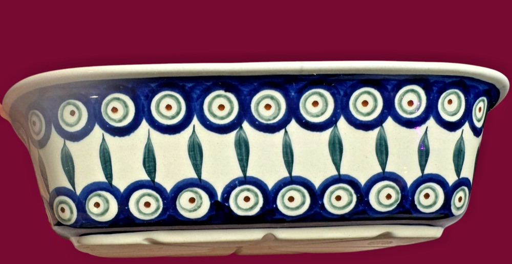 Boleslawiec Polish Pottery Rectangular Baker Peacock Eye Blue Stoneware 10”